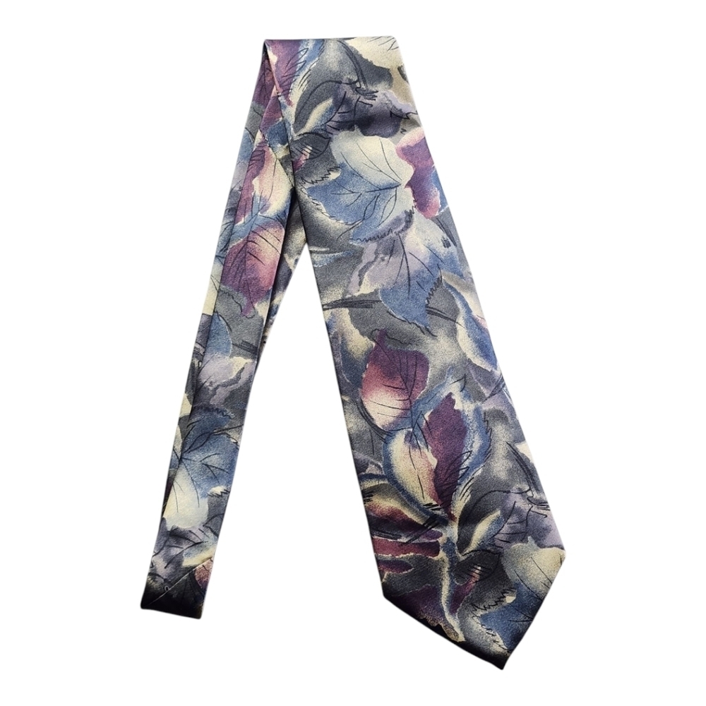 Vintage Bill Blass Abstract Floral Silk Tie Purple Navy Beige 90s Neckwear